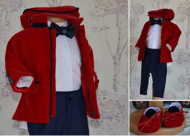 Costume Botez,Costum de botez baiat toamna-iarna RED Jacket catifea rosie, 6 piese