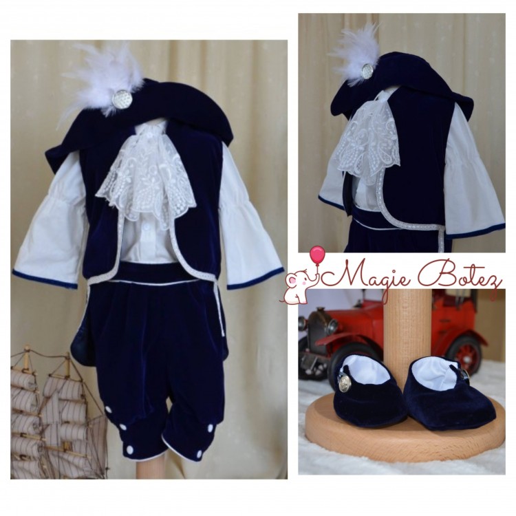 Costume Botez,Costum botez baiat pentru vara albastru model print catifea albastra D Artagnan