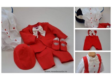 Costume Botez,Haine de botez baieti- Costum de botez baiat pentru vara bumbac rosu 6 piese, Boy in Red